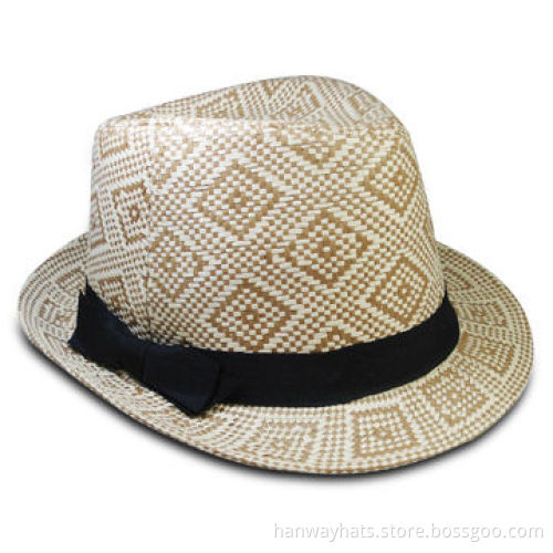 Lady's Paper Straw Fedora with Ethnic Pattern, Grossgrain Band and Bow